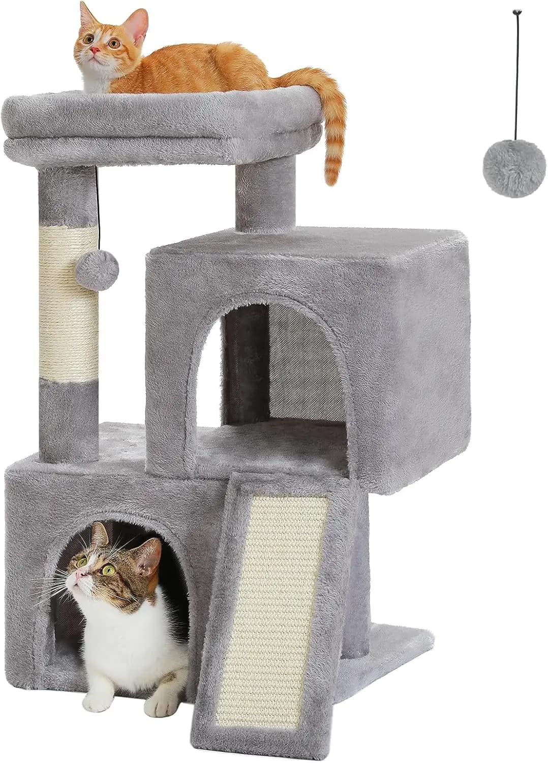 Torre per Gatti da 30 Pollici con Doppio Confortevole Nido, Sdraio Morbida, Rampa e Pali Tiragraffi, Palline Sostituibili in Grigio