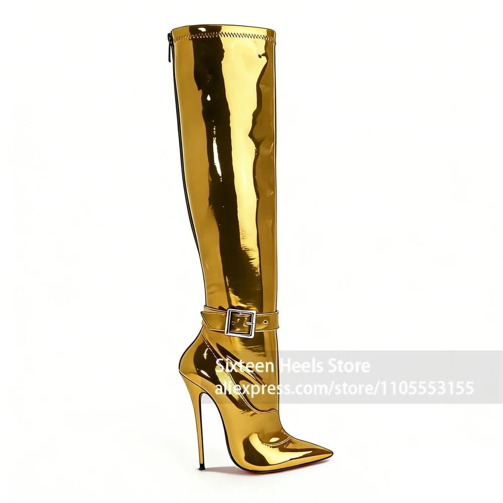 16cm Metal Lock Buckle Knee Boots Lacquered Heel Pointed Toe Back Zipper Boots Sexy Fetish Style Handmade Women Boots Customized