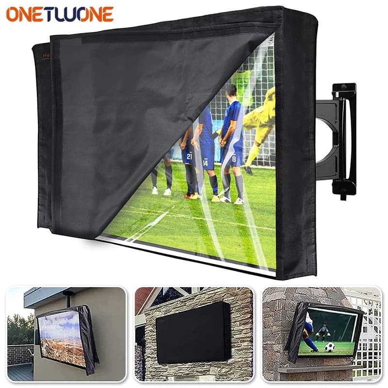 Copertura per TV da esterno 22-65 pollici, protezioni per schermo TV resistenti alle intemperie 210D con cerniera impermeabile e tasca portaoggetti, Velcro, universale