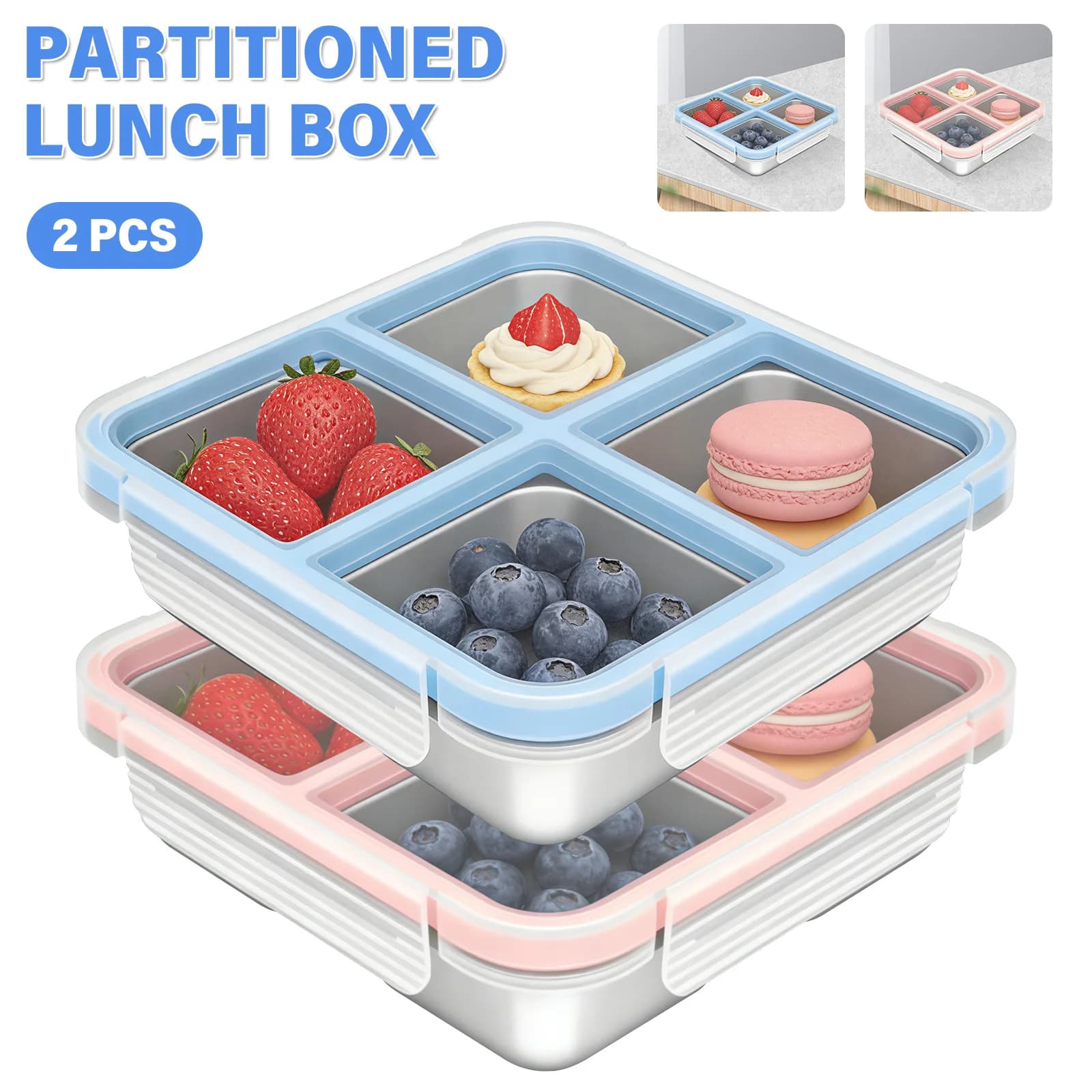Set di 2 Contenitori per Snack in Acciaio Inox con Coperchio, 4 Scomparti, per Conservazione Alimenti e Preparazione Pasti, Ideali per Scuola, Lavoro e Viaggi
