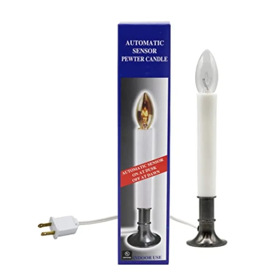 Lampada a Candela Elettrica con Base Placcata in Peltro, Sensore Crepuscolare che Accende la Candela al Buio e la Spegne alla Luce, Pronta all'Uso