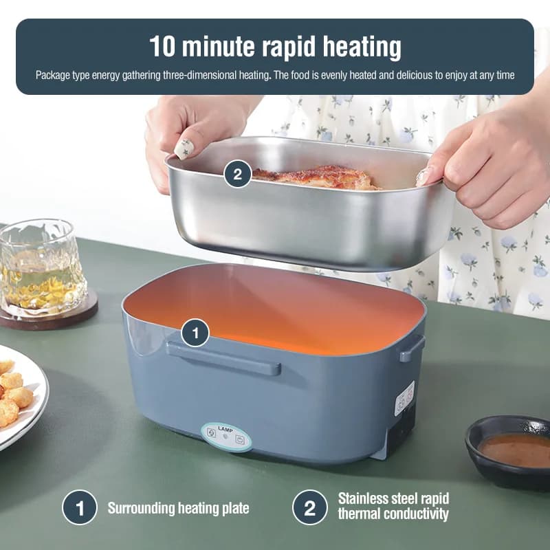 Contenitore per il pranzo con rivestimento in acciaio inossidabile con riscaldamento elettrico portatile da 1,5 litri Contenitore per alimenti 5 in 1 Uso domestico e auto riscaldato a doppio uso