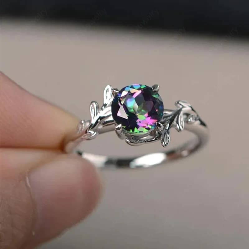 Anello Aperto Floreale Placcato in Oro Bianco con Zirconi Arcobaleno, Design a Foglia e Fiore per Donna