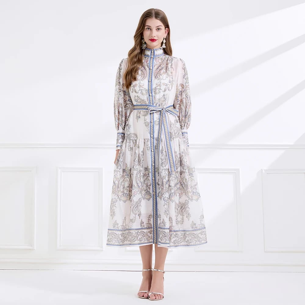 Autumn French Retro Royal Court Evening Gown Women Stand-up Collar Single-breasted Printed Long Dress Elegant Party Formal Dress