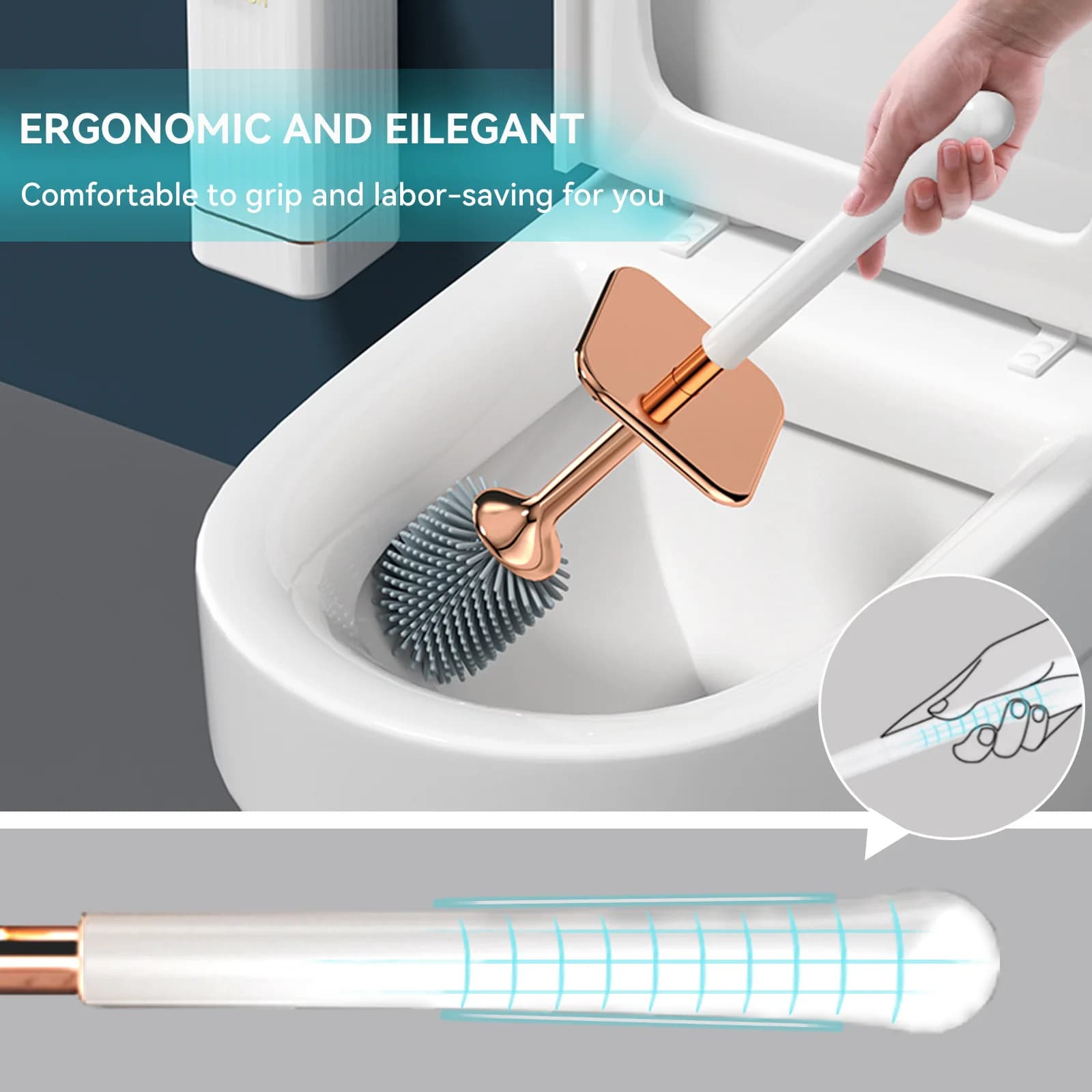 Set di scopini per WC in silicone Manico lungo Senza trapano Montaggio a parete A prova di perdite ad asciugatura rapida per la pulizia profonda del bagno Durevole multiuso