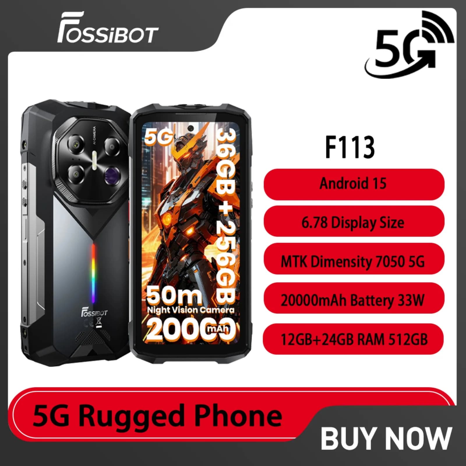 FOSSiBOT F113 5G Telefono Rugged 2026, Android 15, Schermo 6.78 Pollici, RAM 12GB+24GB, ROM 256GB, Batteria 20000mAh, Ricarica 33W, Fotocamera 108MP, Luce da Campeggio, NFC