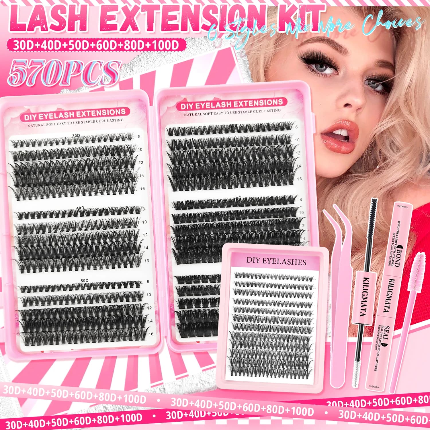 Kit Ciglia a Ciuffetti 30D-100D Curvatura D, Extension Ciglia Individuali Miste 8-16mm con Colla Sigillante e Pinzette, Set Ciglia Finte Fai da Te