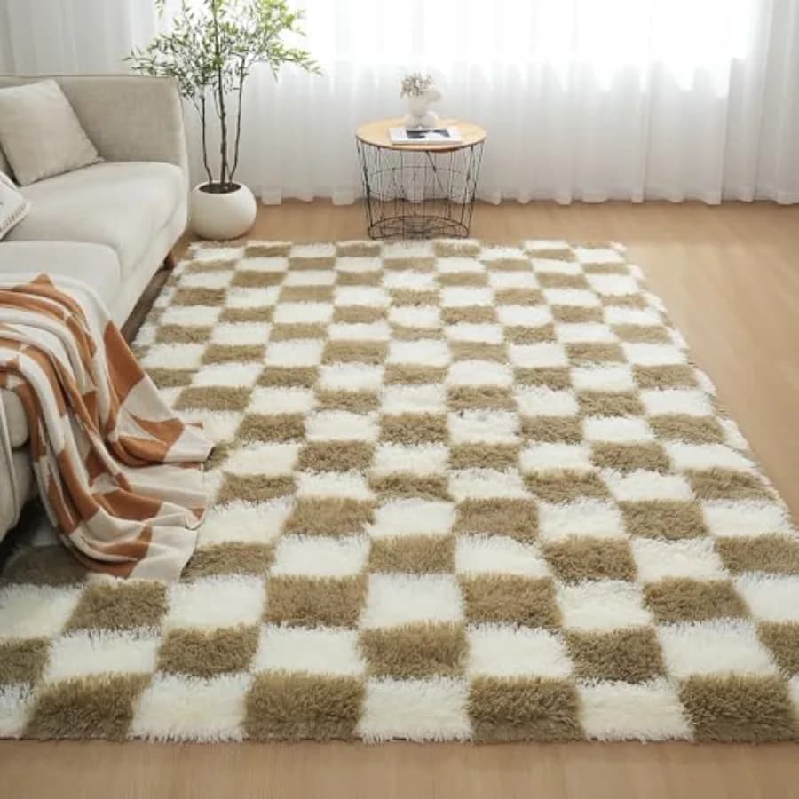 Tappeti a Quadri per Soggiorno 8x10, Morbido Tappeto Beige e Bianco a Quadri, Tappeti Pelosi e Soffici per Camera da Letto, Morbidi Plus