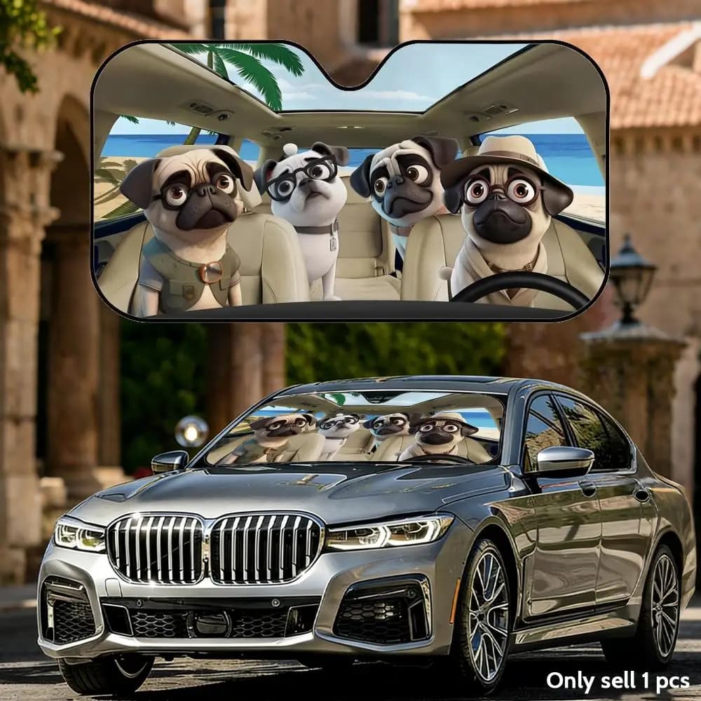 Parasole per Auto con Motivo Cane Pug, Protezione UV, Isolamento Termico Riflettente in Alluminio, Copertura Pieghevole