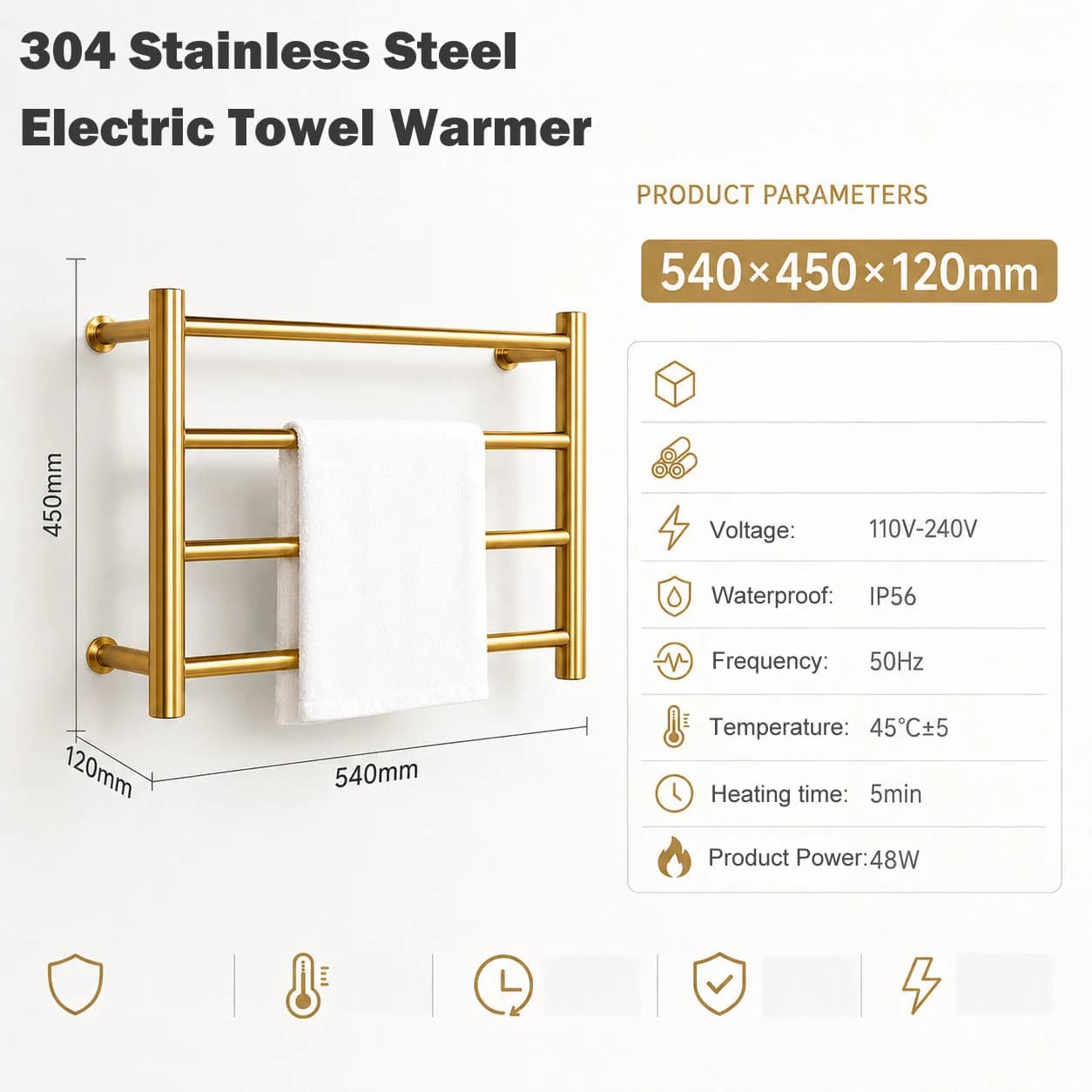 Brushed Gold Wall Mounted Electric Towel Warmer Rack for Bathroom, 4 Bars Heated Towel Rack with Timer & Temperature Control