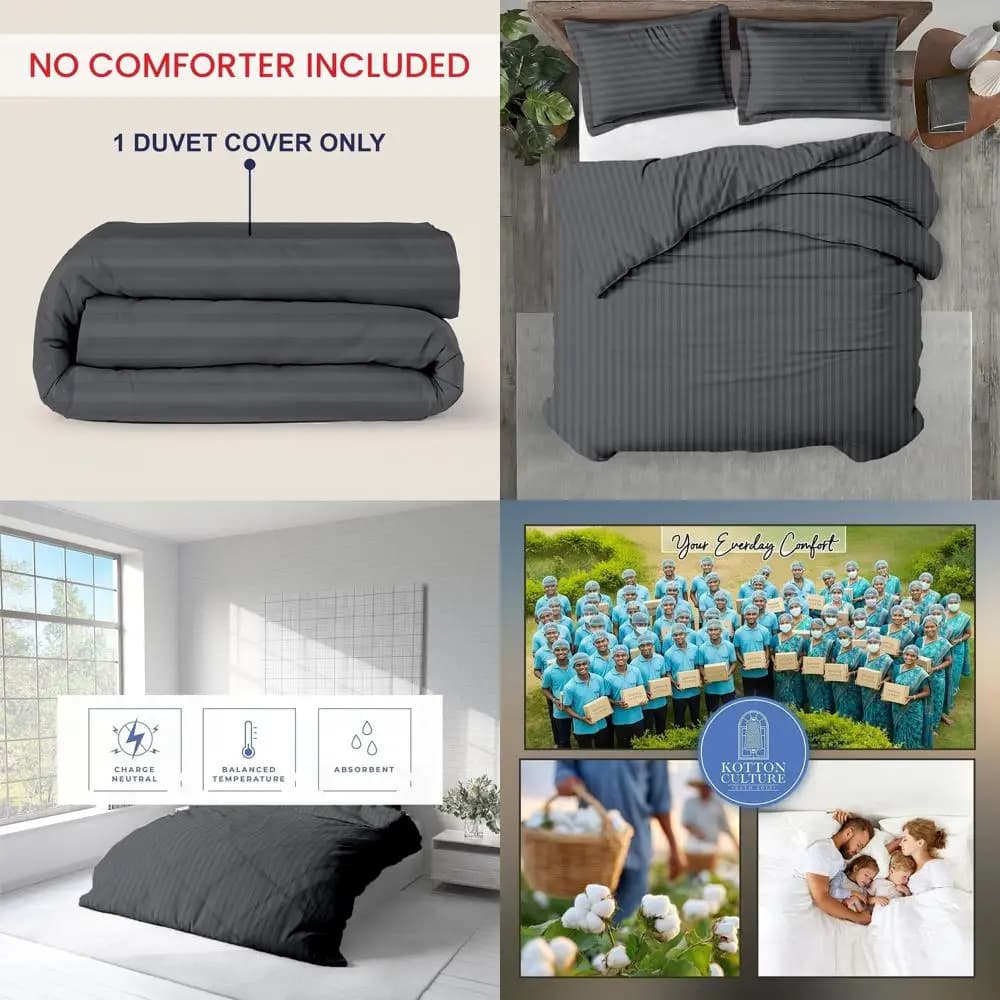 Copripiumino King Size Oversize - 100% Cotone Egiziano, 600 Fili, con Cerniera e Lacci, Grigio a Righe
