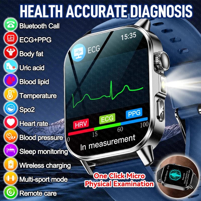 Nuovo Smartwatch per Uomo con Diagnosi ECG Accurata, Misurazione di Pressione Sanguigna, Ossigeno nel Sangue, Grasso nel Sangue, Acido Urico, Temperatura, Chiamate Bluetooth