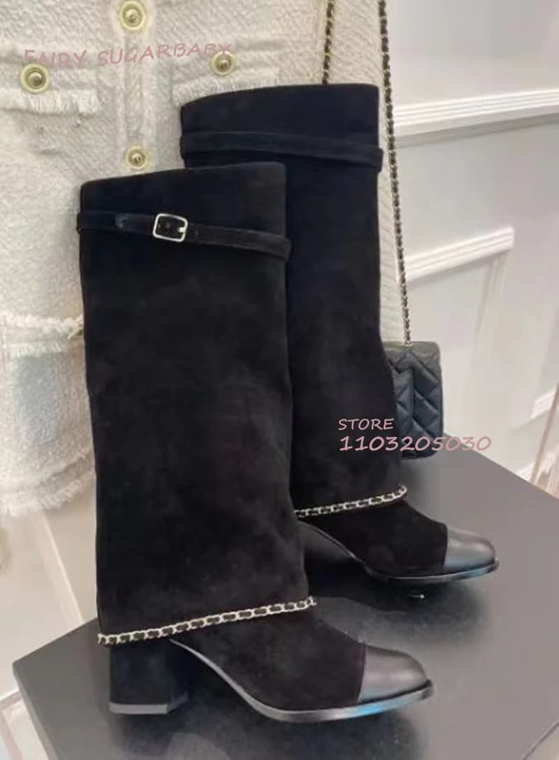 Black Suede Straight Knee Boots Casual Women Metal Chain Pleat Light Brown Round Leather Booties Calf Belt Buckle Shoes Spring