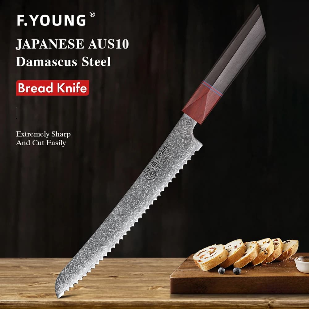 F.YOUNG 8.5 "Coltello per pane seghettato professionale Fatto a mano in acciaio di Damasco Cucina Coltelli da chef giapponesi Taglio di formaggio Torta Toast Strumenti
