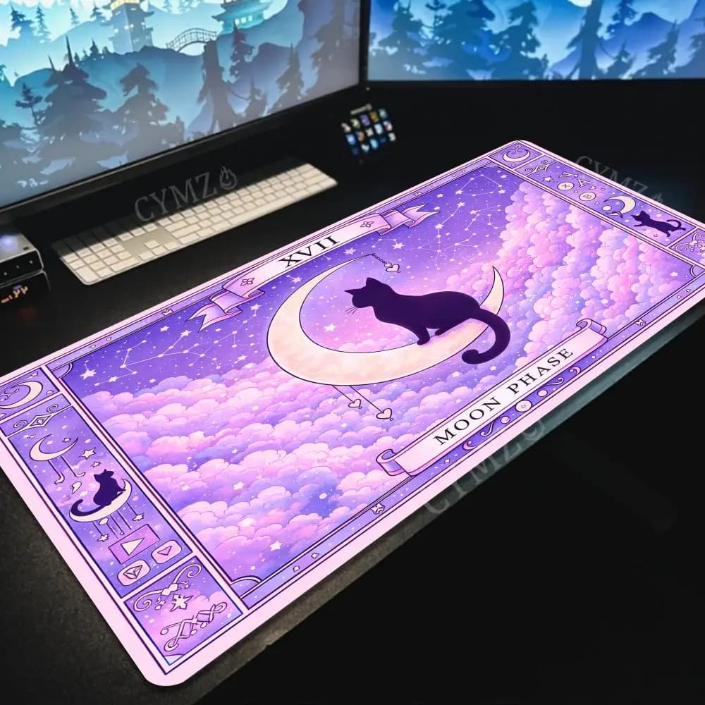 Tappetino per mouse da gioco Purple Clouds and Cat, tappetino da scrivania con bordo cucito, tappetino da scrivania antiscivolo, accessori per PC, tappetini da gioco, tappeto da ufficio