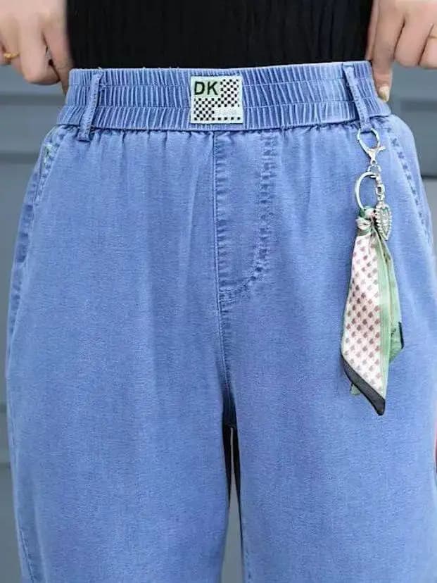 High Waist Nine-Tenths Ice Silk Straight Leg Jeans Women's Summer Thin Small Size Loose Fit Mom Pants Casual Denim