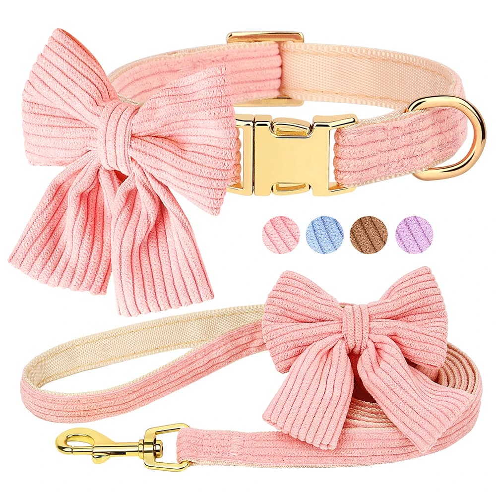 Simpatico set di guinzagli per collare per cani rosa con papillon Collari e guinzaglio regolabili in morbido velluto per animali domestici per cani di piccola taglia e media Accessori per cani