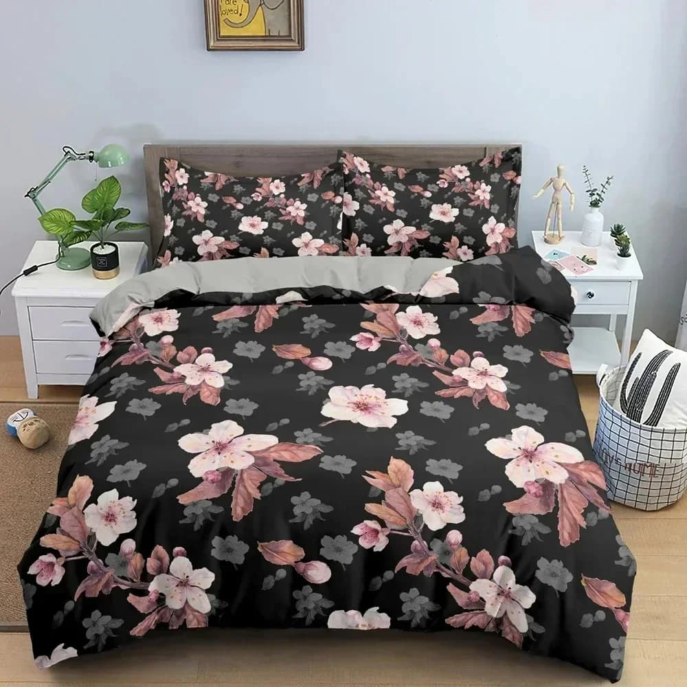Nuovo Set di Biancheria da Letto con Motivo di Fiori di Ciliegio, Copripiumino con Scenari Floreali, Federe per Letto Matrimoniale, Singolo o King Size