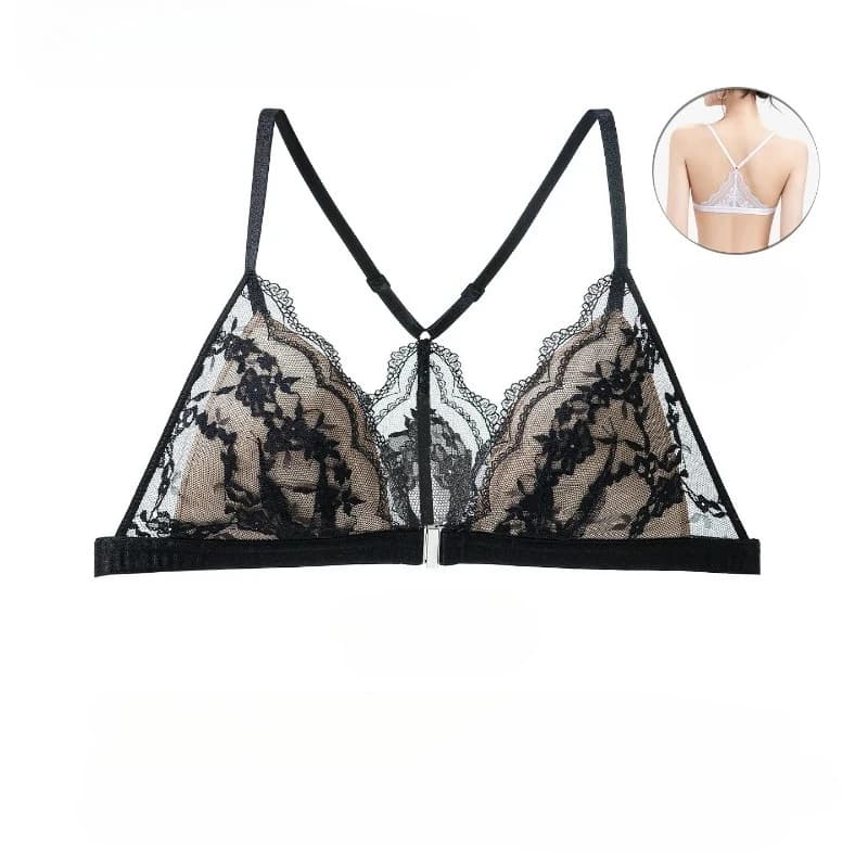 French Lace Triangle Cup Bra For Women Front Closure Wireless Bralette Push‑Up Comfy Bra Beautiful Slim Back Ladies Underwear