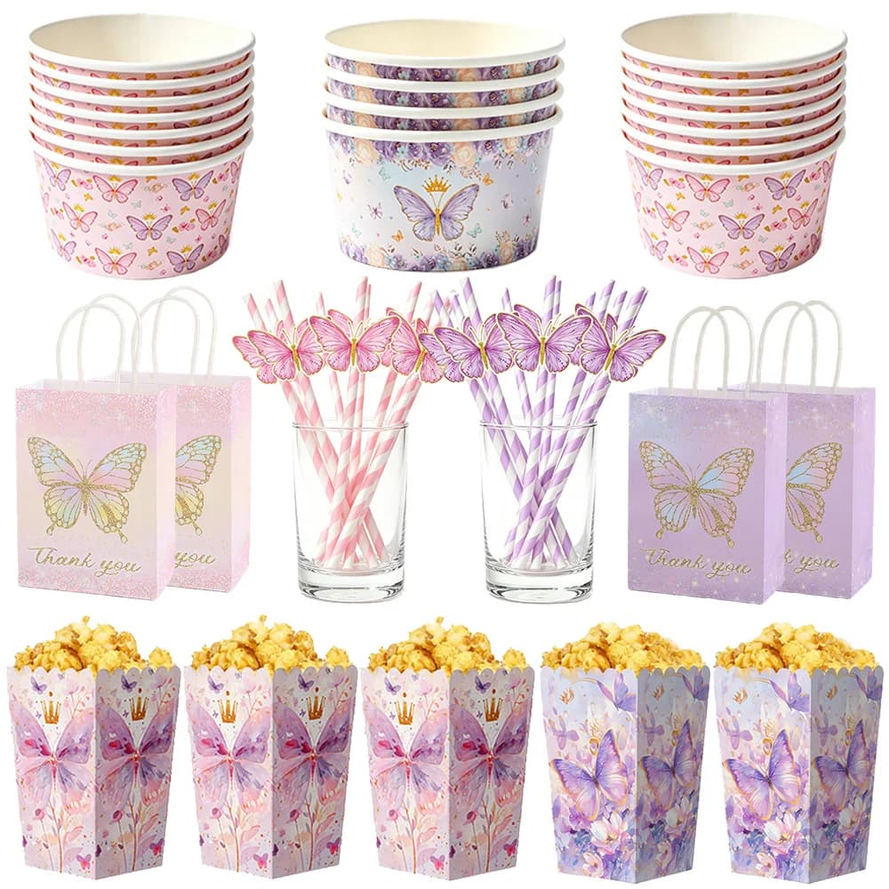10/30/50Pcs Butterfly Paper Straws Disposable Dessert Bowls Candy Gift Bags Popcorn Box Butterfly Theme Birthday Party Supplies