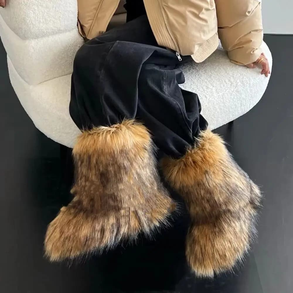 Stivali da neve invernali da donna Stivali da esterno di lusso pelosi in pelliccia di volpe sintetica Donna Peluche Scarpe calde con plateau New Fashion Bottes Big Size 46