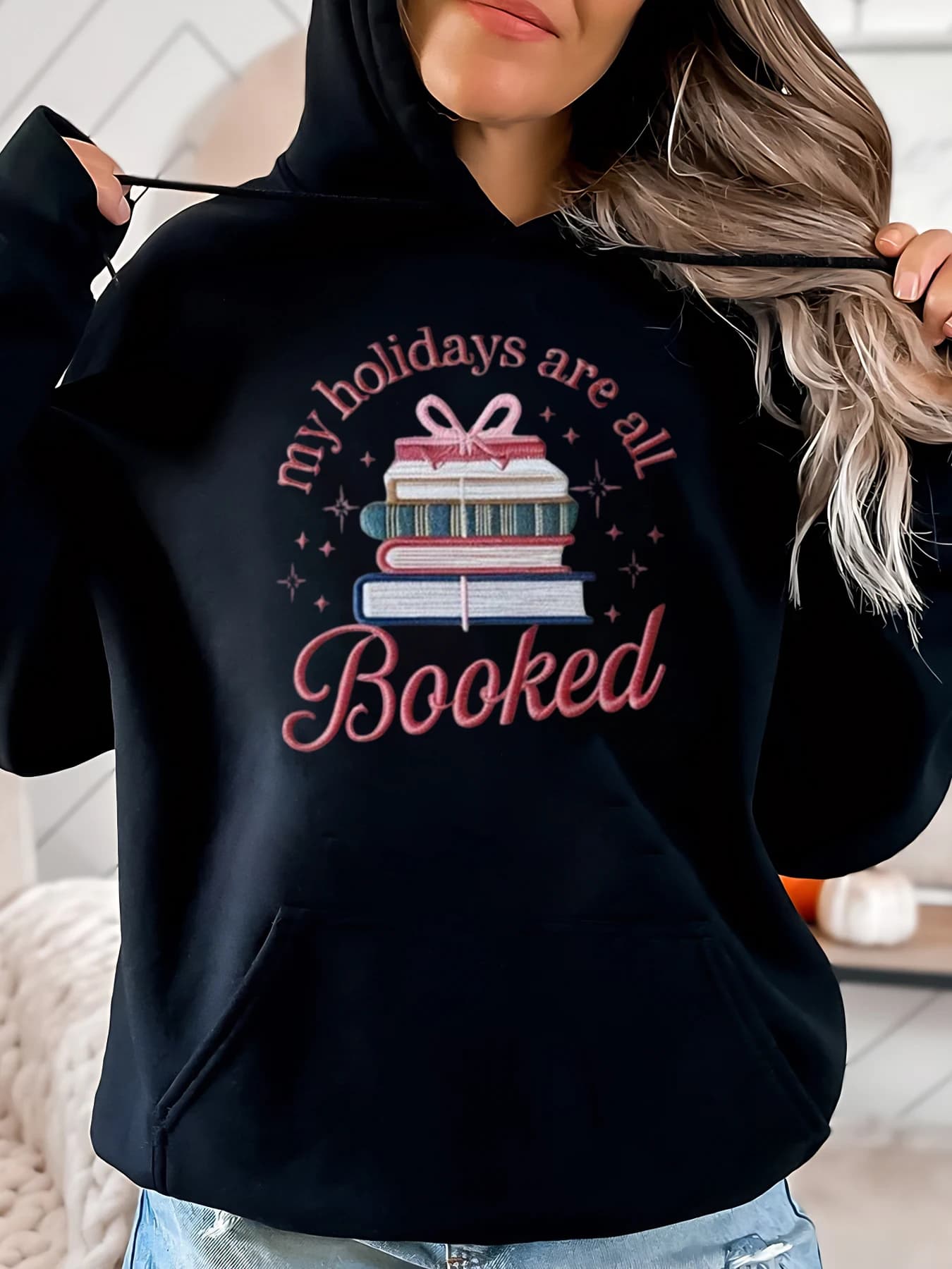 My holidays are all books with printed veneer Women's Christmas Hoodie Casual Clothing Holiday Gift Black Plus Size