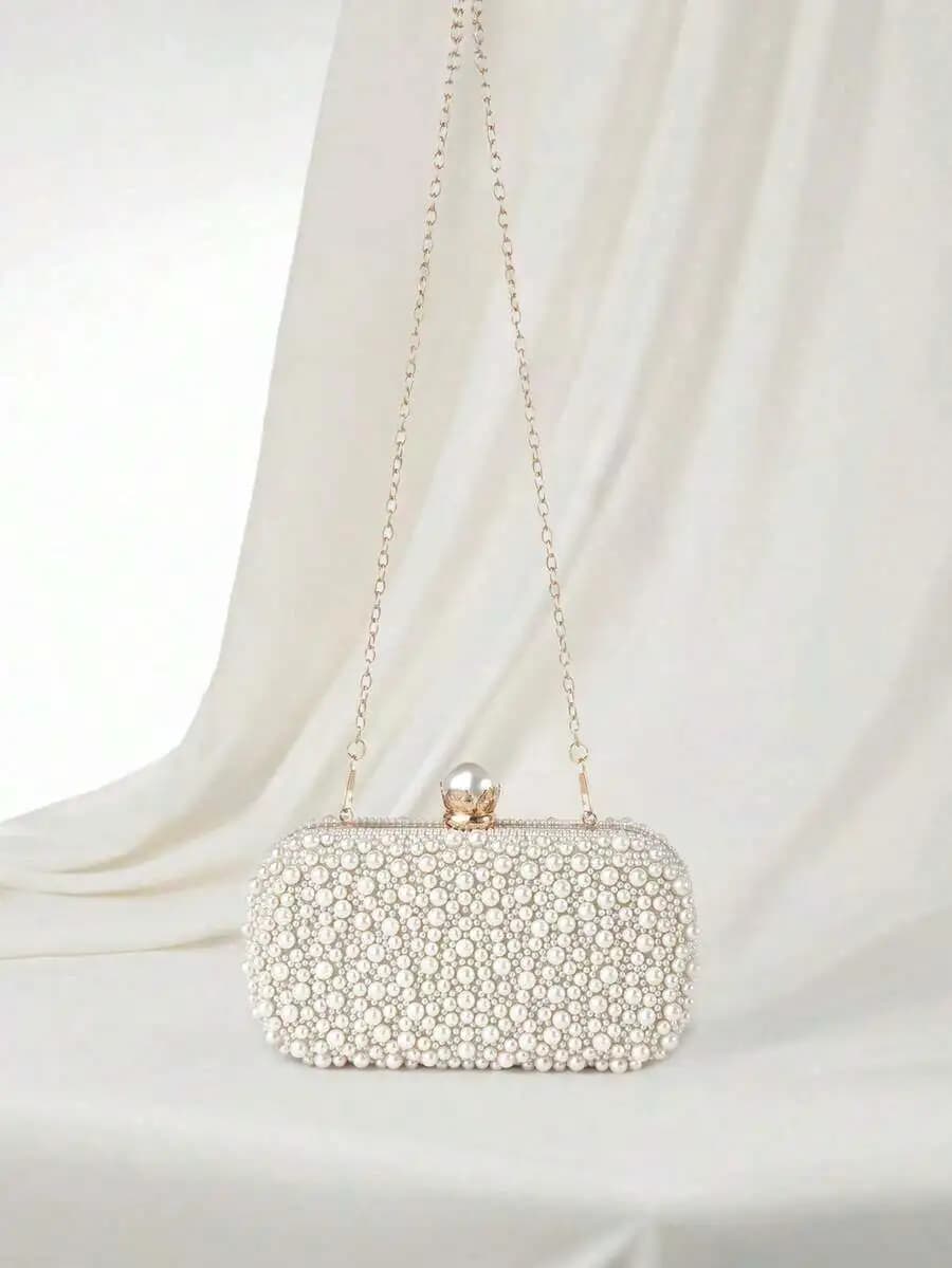 Mini borsa clutch con perline e tracolla a catena per abiti da sera, matrimoni e feste