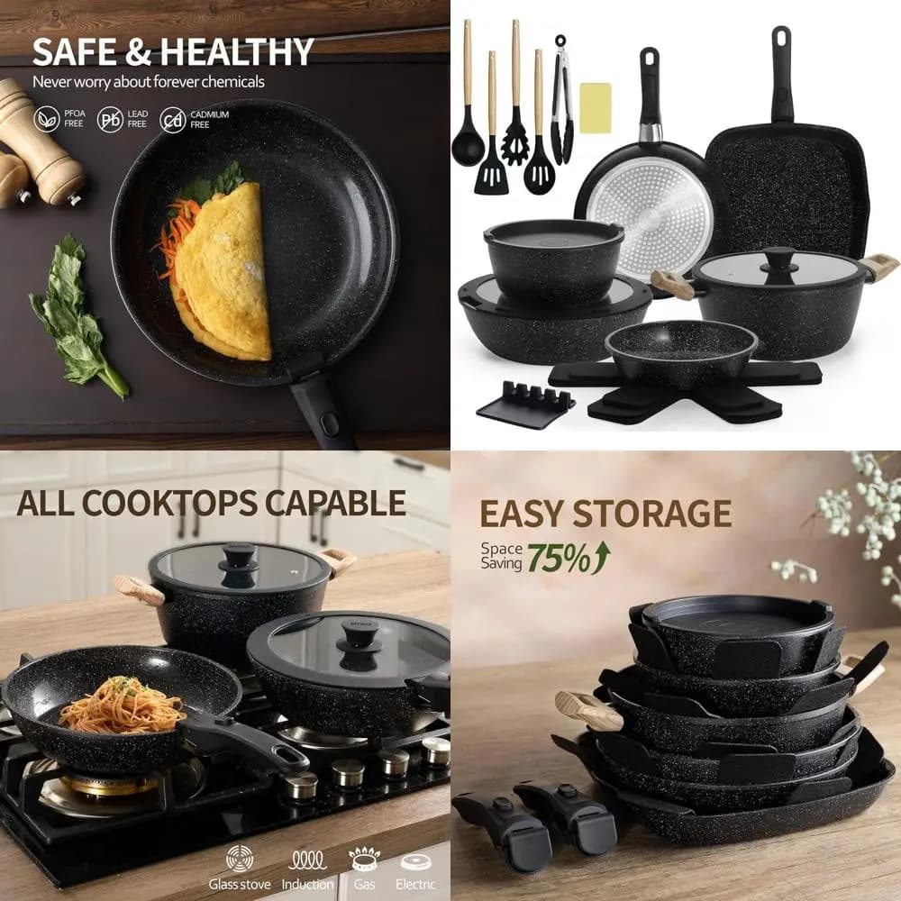 Set di Pentole Antiaderenti con Manico Staccabile, Set da Cucina a Induzione da 23 Pezzi con Manico Rimovibile, Include Padelle e Casseruole