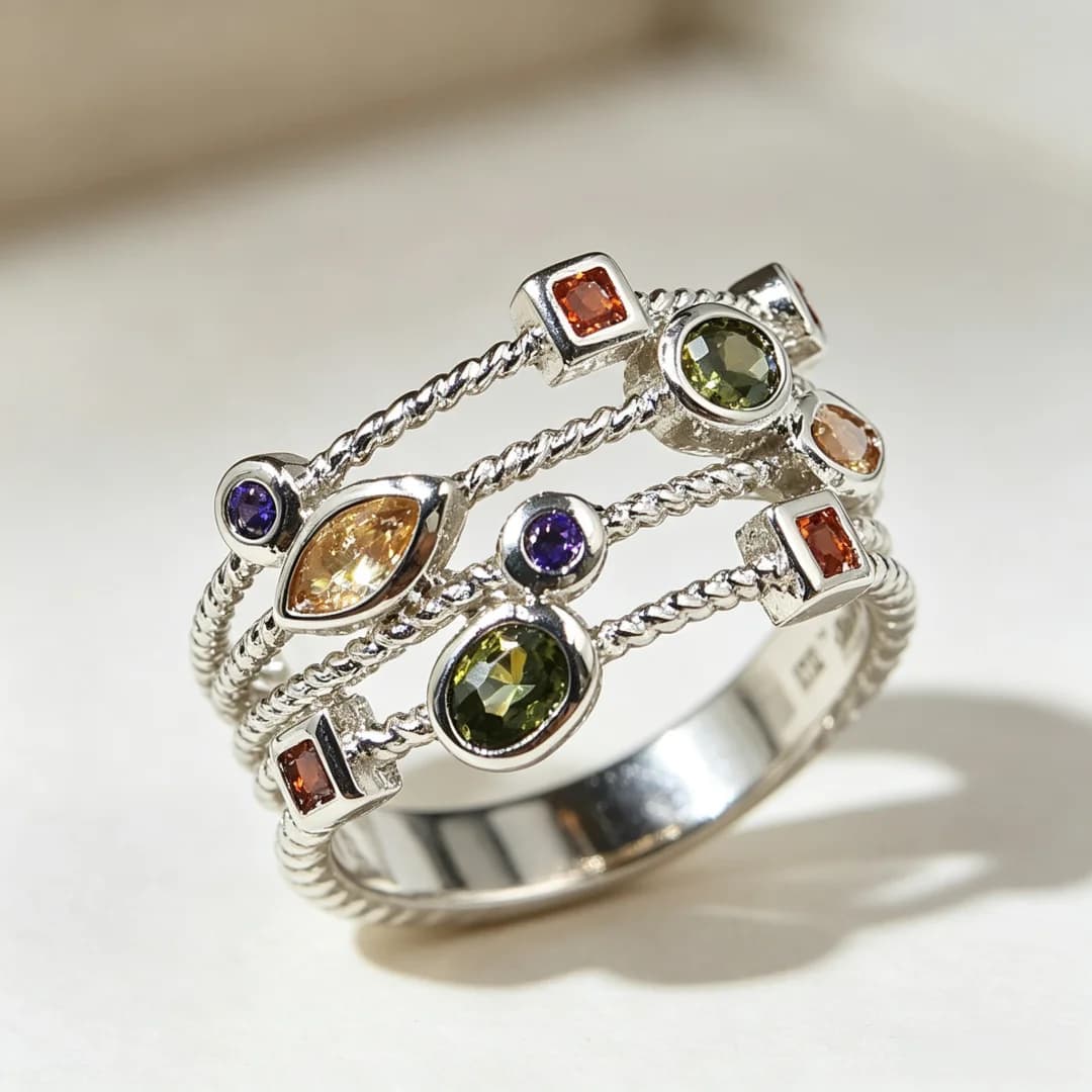 925 Sterling Silver, Light‑luxury Fashion Retro Multi‑strand Twisted‑Rope Colored Gemstone Ring, Niche Color‑clash Zircon Ring
