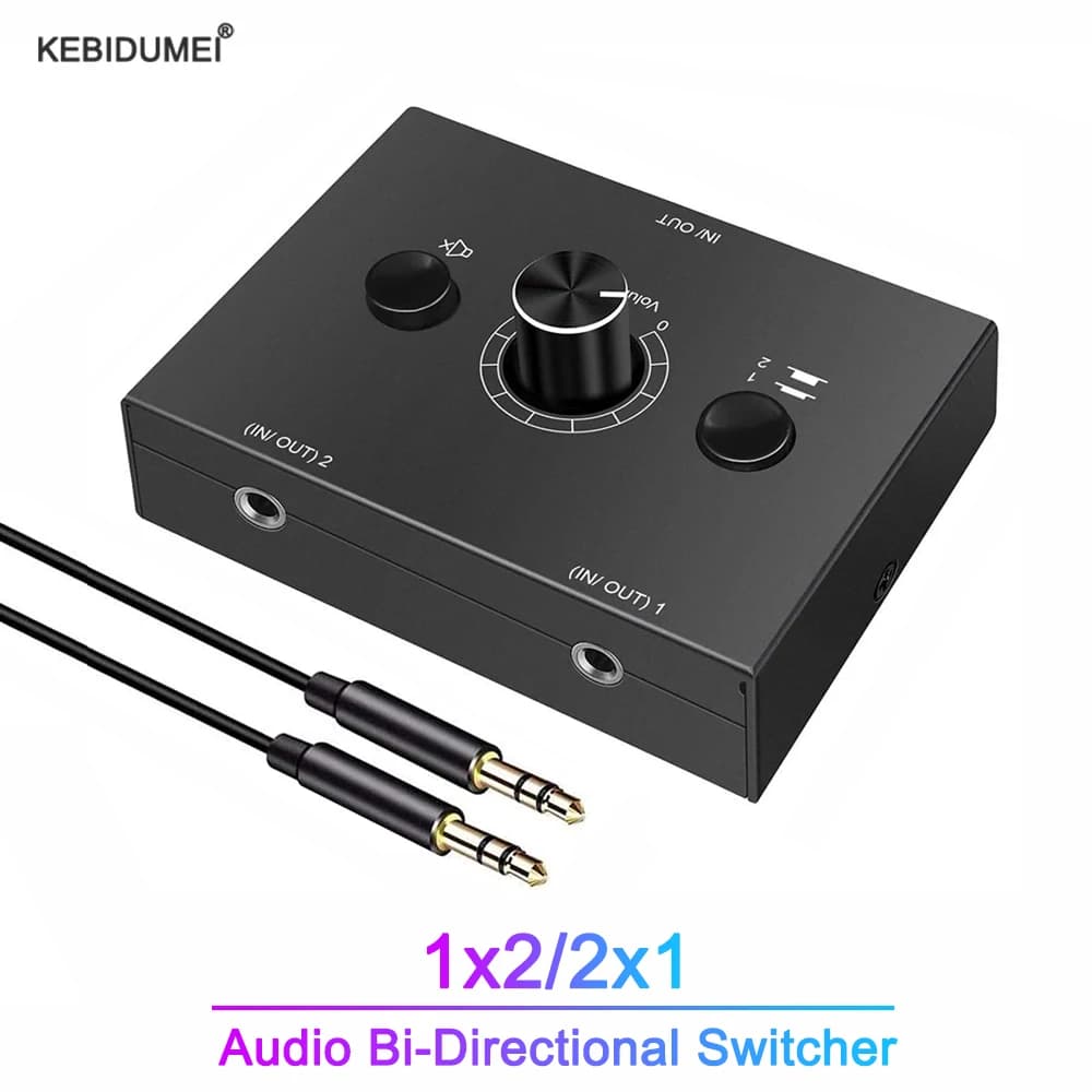Audio Stereo 3.5mm 2x 1/1x2 Two-way Switcher with Mute Button Support Computer Monitor Power Splitter TV Box