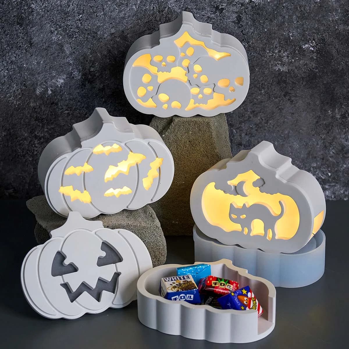Halloween Ornaments Atmosphere Light Silicone Mold DIY Handmade Hollow Pumpkin Plaster Resin Storage Gifts Box Craft Molds