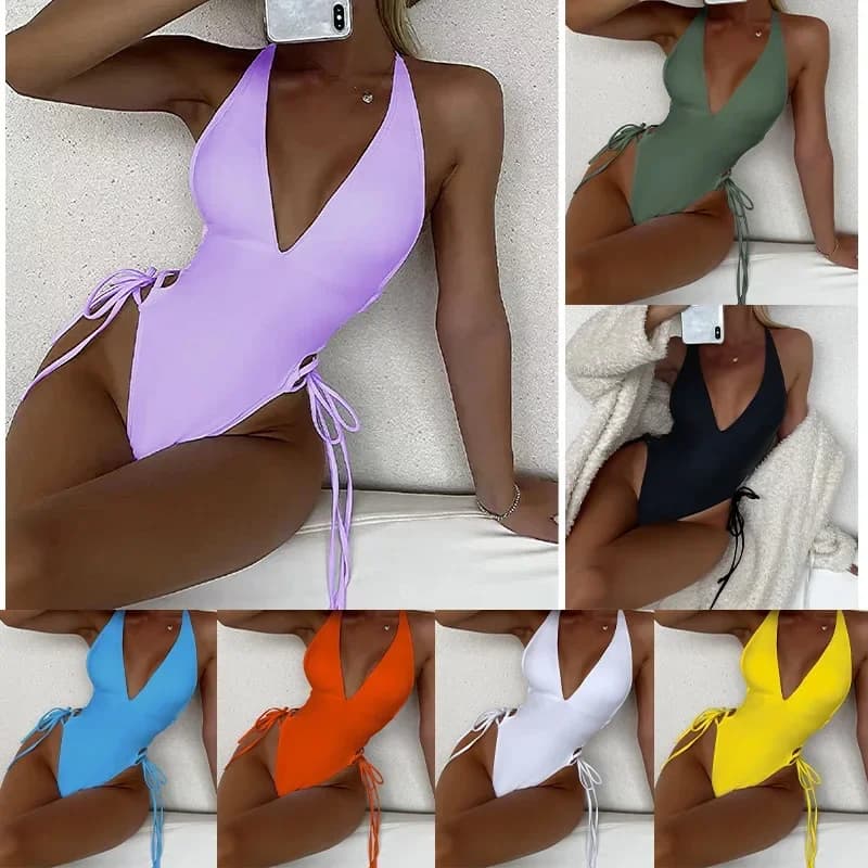 Costume da bagno intero sexy con lacci Costumi da bagno da donna 2024 Costume da bagno solido per donna Costumi da bagno monokini con taglio alto