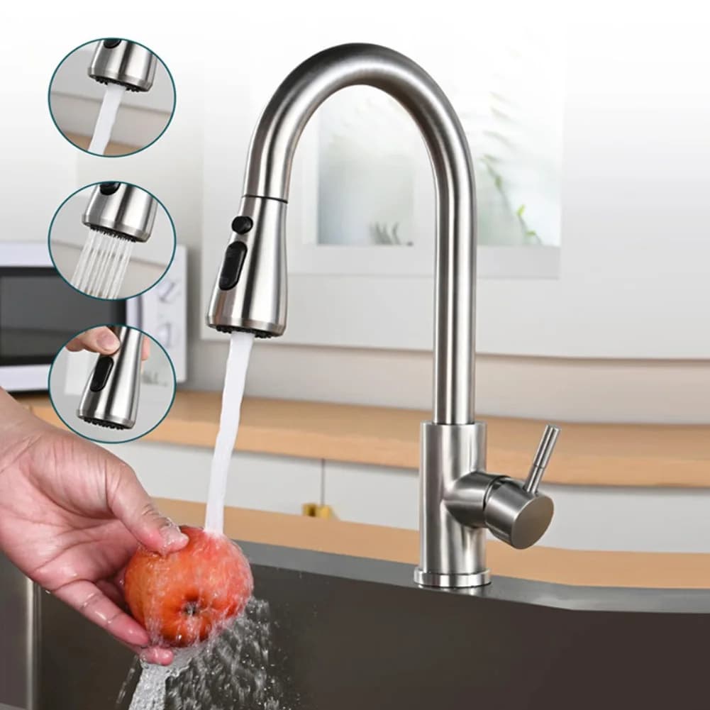 Rubinetto per lavello da cucina in acciaio inossidabile Rubinetto per acqua calda e fredda, rotante e telescopico Miscelatore da piano Testa spruzzatore a flusso