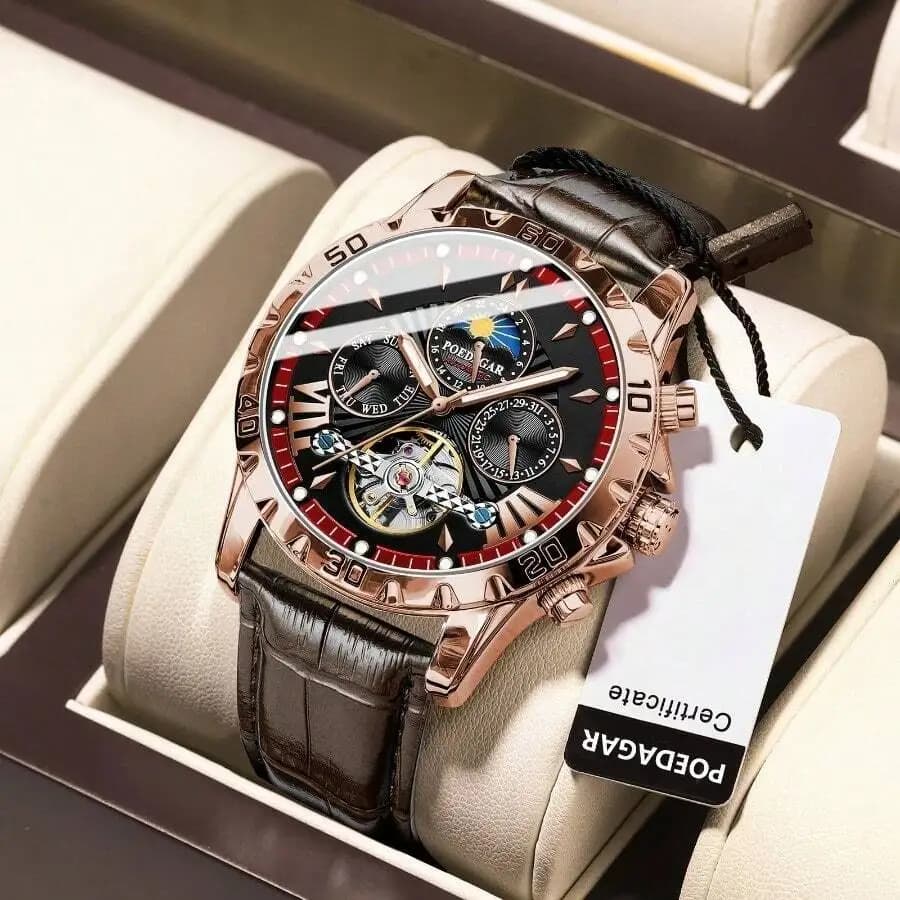 POEDAGAR Luxury Automatic Mechanical Wristwatch Waterproof Luminous Date Week Tourbillon Leather Men Watch Men's Fashion Watches