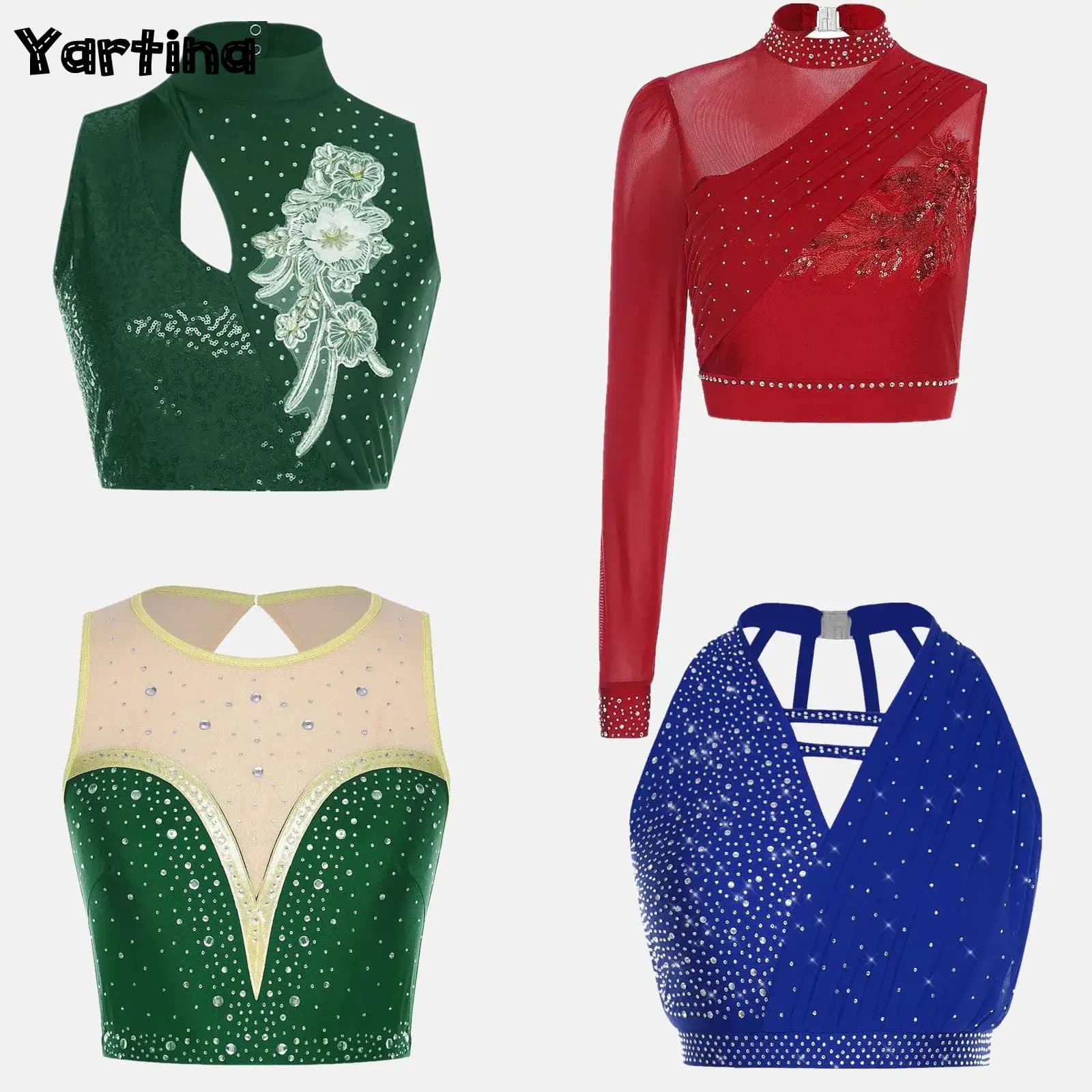 Costume da ballo per danza classica lirica da donna, valzer, paillettes scintillanti, ginnastica, pattinaggio artistico, top, costume da ballo