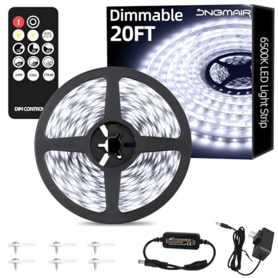 20Feet LED Strip Lights with Remote, 6500K Dimmable Tape Lights, 12V 360 LEDs 2835 Strong Adhesive Rope Lights for Cabinet Kitc