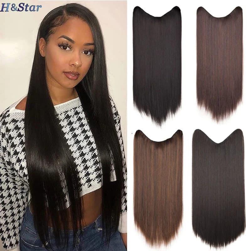 H & STAR 24 pollici lunghi capelli lisci sintetici 4Clip un pezzo Clip a forma di V nelle estensioni dei capelli posticci marroni neri per le donne