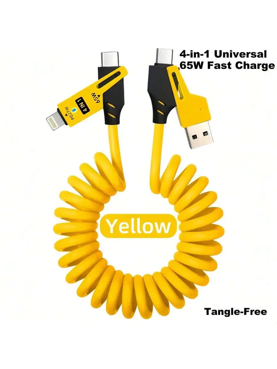 Cavo a spirale retrattile universale 4-in-1 giallo da 65W a ricarica rapida, anti-groviglio, per iPhone, Android, USB-C, Micro-USB