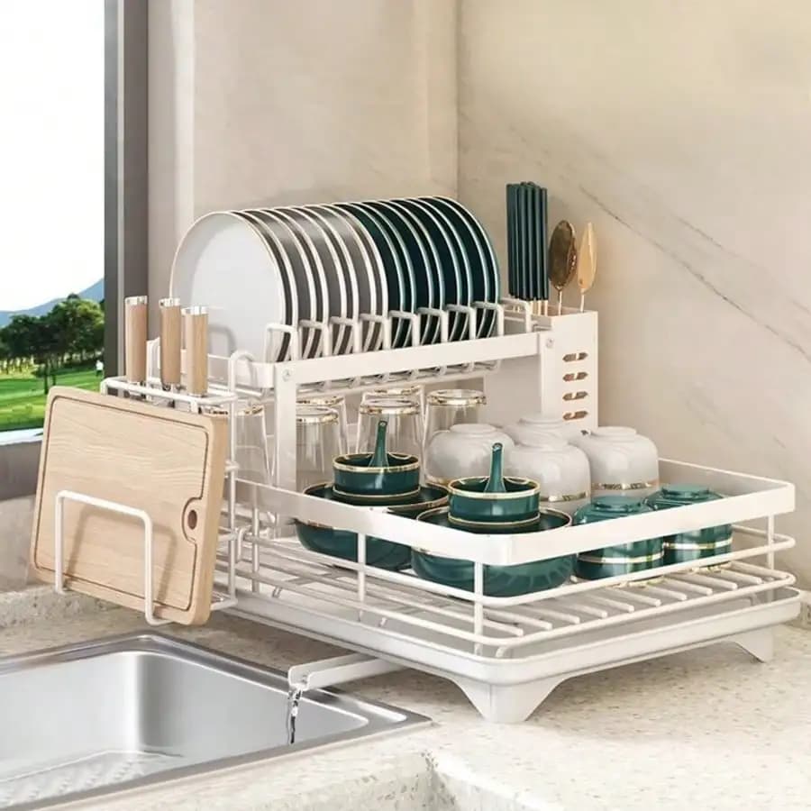 2 Tier Dish Drying Rack Modern White Stainless Steel Dish Drainer With Drainboard Auto Drainage Spout Large Capacity Utensil Knife And Cutting Board Holder For Kitchen Counter Countertop Sink Organizer Housewarming Gift