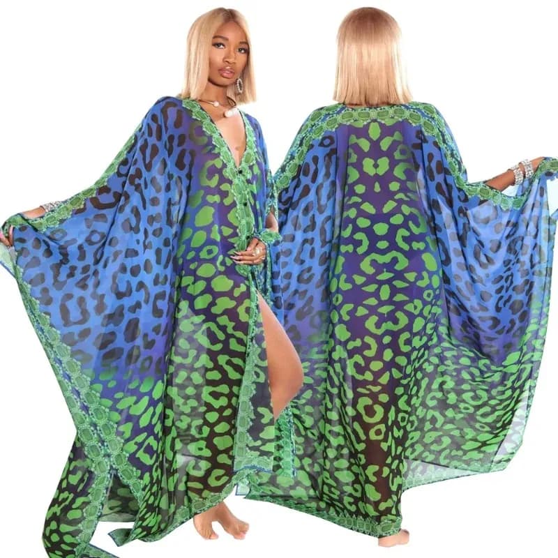 2026 Elegant Kaftan Long Print Tunic Loose Maxi Dress Vintage Bikini Women Summer Clothing Beach Wear Swim Suit Cover Up A2020