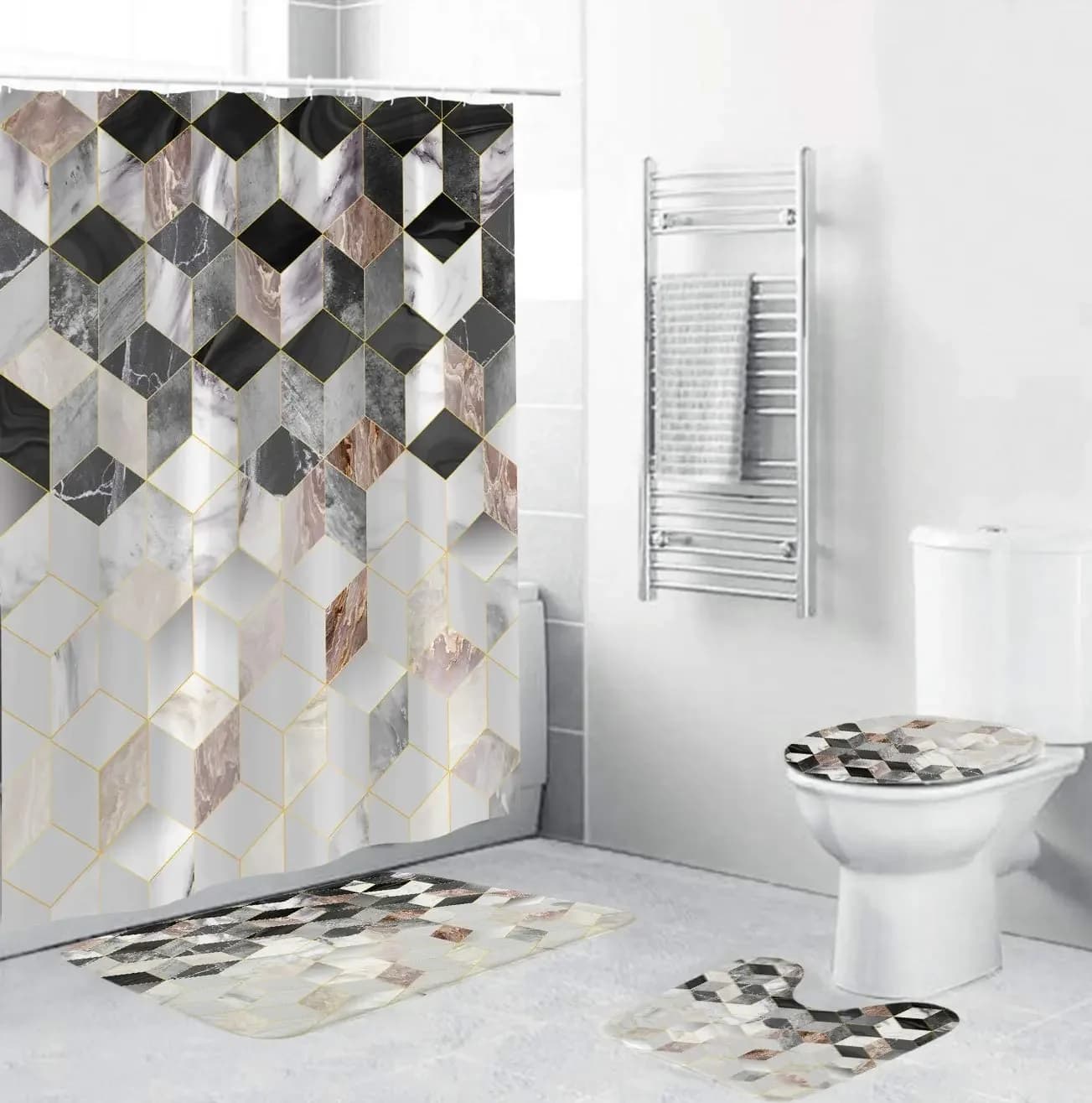 4PCS Shower Curtain Toilet Lid Cover Sets with Non-Slip Rug Bath Mat Bathroom Hooks Polyester Shower Curtain Set