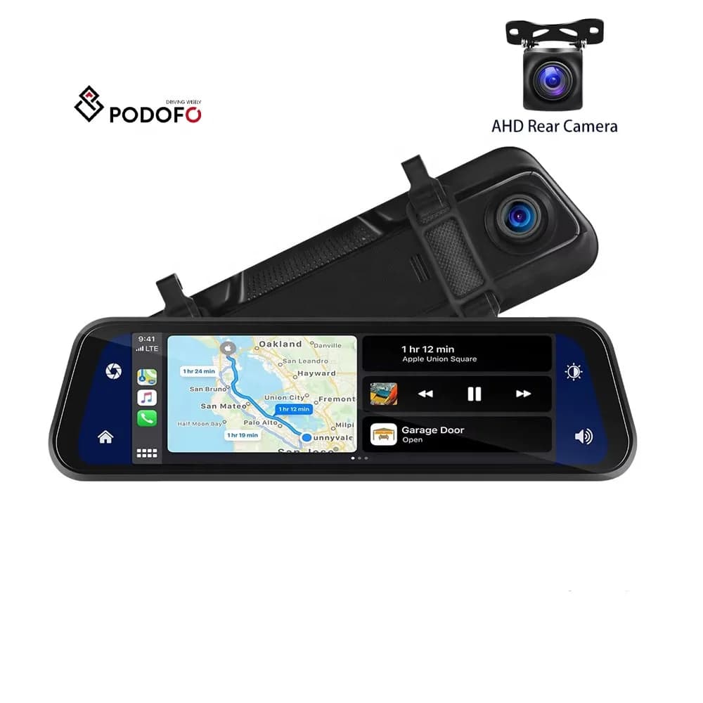 Podofo 9.66'' Dash Cam a Doppia Lente Anteriore e Posteriore, Schermo Touch HD IPS, Specchietto Retrovisore DVR per Auto, Wireless Carplay e Android Auto, BT, AI Voice