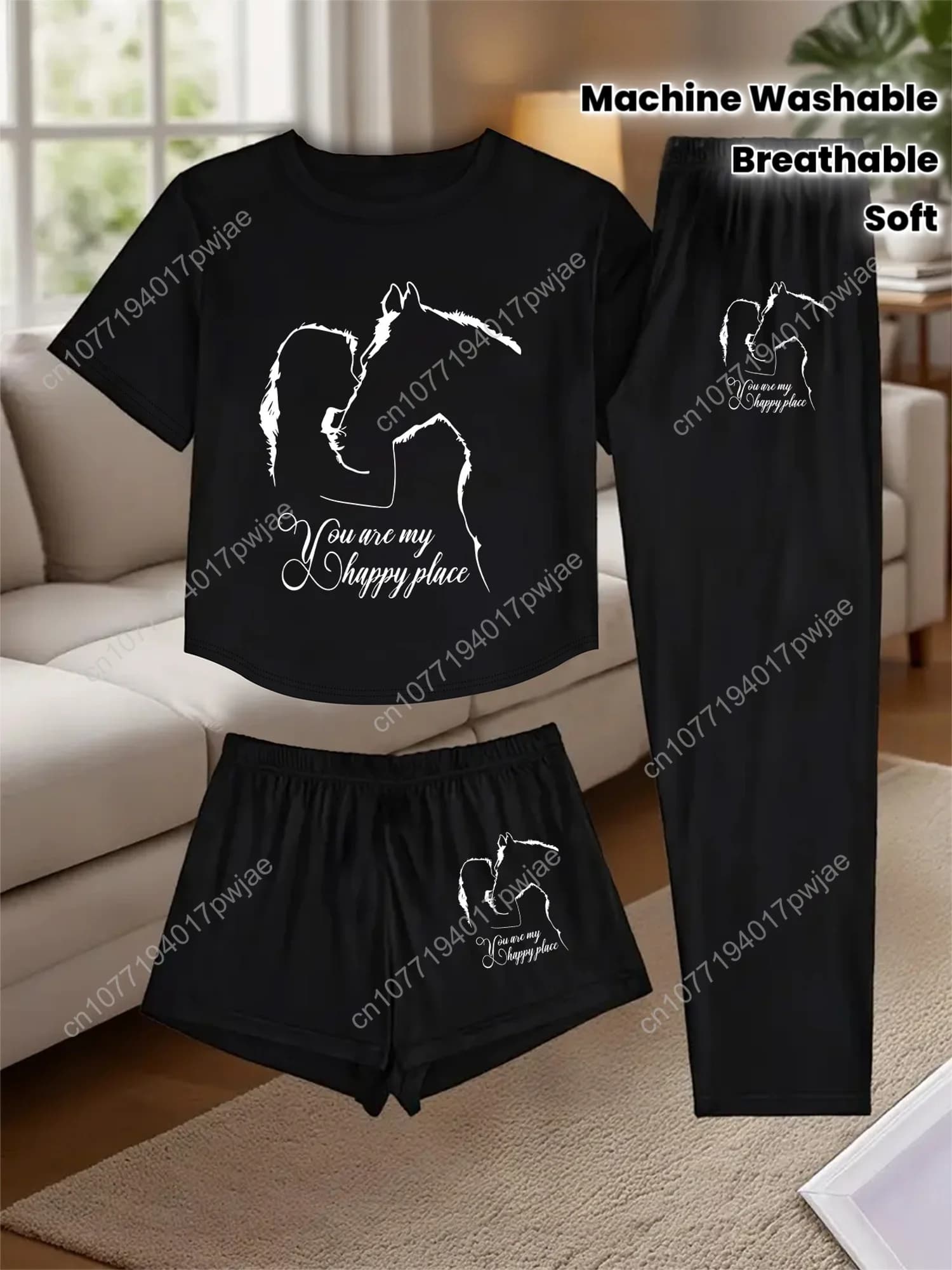 Pigiama da donna primavera/estate 3 pezzi, pigiama con stampa di cavalli e cavaliere con pantaloncini coordinati, pantaloncini e t-shirt, morbido e traspirante per dormire