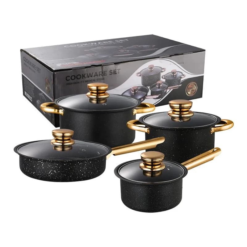 8 sets of YF01 stainless steel non-stick cookware set thickened soup pan milk pan frying pan gold-plated handle cookware