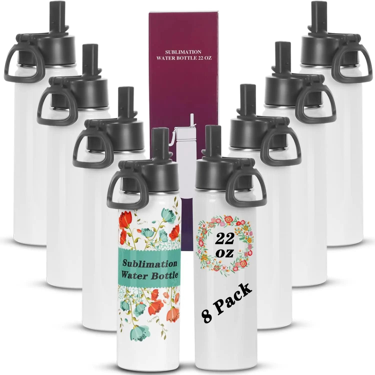Borracce sportive da sublimazione da 22 Oz, in acciaio inossidabile a doppia parete con manico, confezionate singolarmente (confezione da 8)