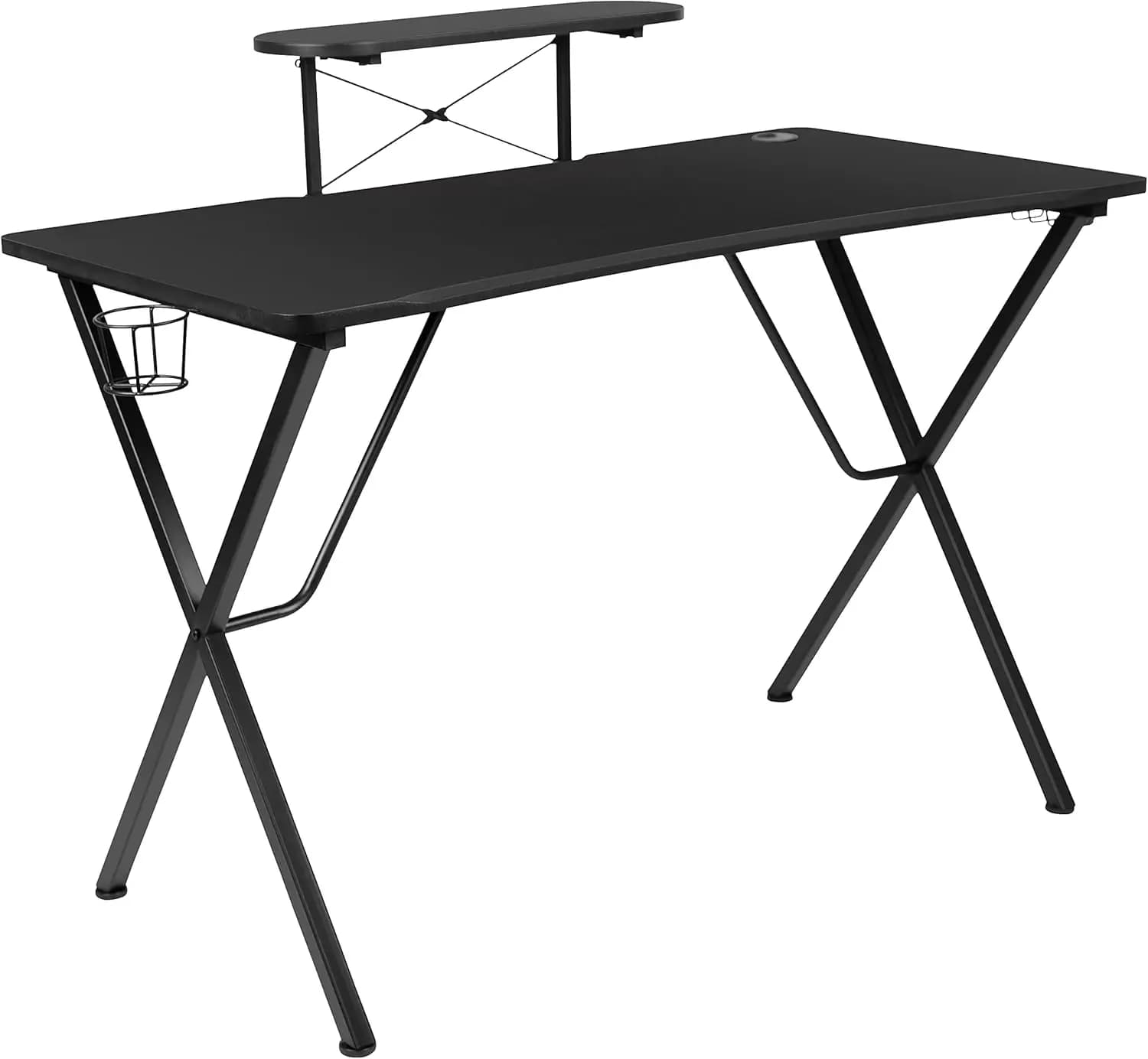 Scrivania da Gaming Nera con Portabicchieri, Gancio per Cuffie, Supporto per Monitor - Design Ergonomico per Giocatori