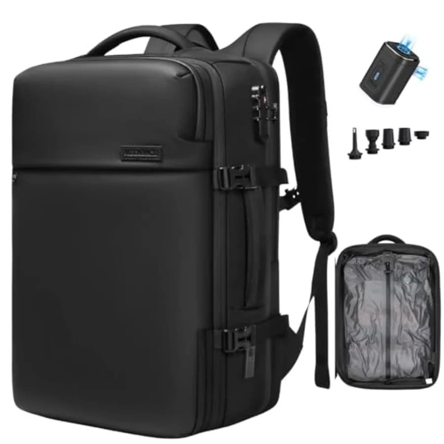 Expandable 70L travel backpack for aircraft travel, Waterproof in Polyester with Pump, TSA lock, USB port for charging, Black