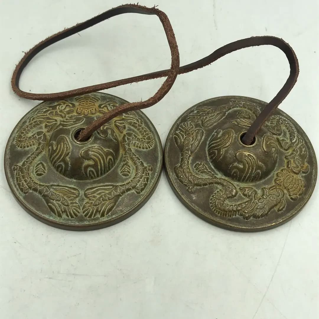 Antique Tibetan Brass Cymbal Set Handmade Nepal Meditation Bell Dharma Instrument
