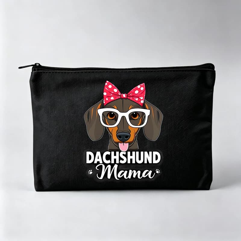 Women's Dachshund Dog Graphic Makeup Bag with Polka Dot Bow, Zipper Cosmetic Pouch for Daily Use