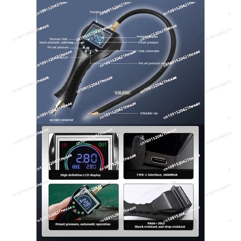 Suitable for TB902 Digital Tyre Pressure Automatic Tire Inflator Fully Hand-Held Inflation Air Gauge Repair Shop Tool